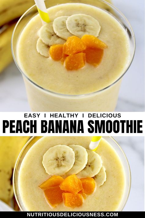 This irresistibly delicious Banana Peach Smoothie is made with a cool and refreshing blend of frozen peaches and bananas. It's a smooth and creamy tropical treat, perfect for breakfast or afternoon pick-me-up. Quick Smoothie Recipes, Peach Banana Smoothie, Triple Berry Smoothie, Peach Smoothie Recipes, Mango Smoothie Bowl, Banana Health Benefits, Quick Smoothies, Frozen Peaches, Peach Smoothie