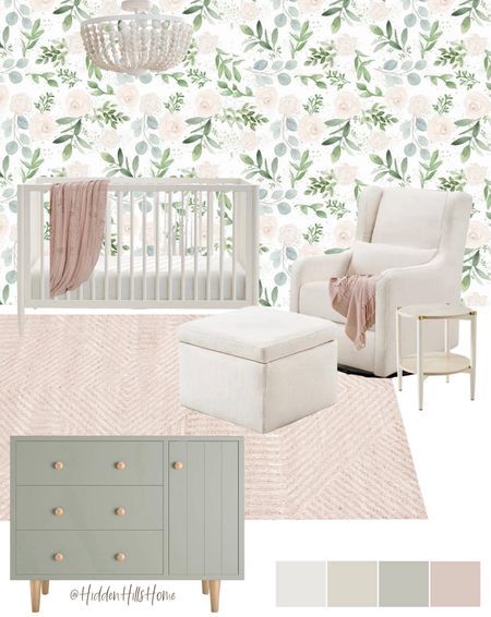 Verdugo Hydraulic Lift Up Storage … curated on LTK Green Nursery Girl, Green Baby Nursery, Pink Baby Nursery, Pink And Green Nursery, Girl Nursery Colors, Pink Baby Room, Girl Nursery Pink, Pink Floral Wallpaper