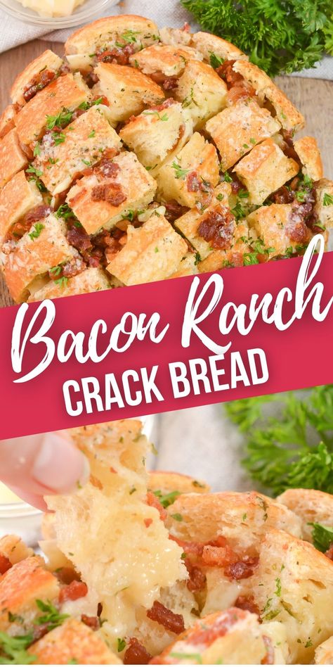 Bacon Ranch Crack Bread is sheer perfection. that you will not be able to resist. What’s not to love about bread soaked in butter and stuffed with oozing cheese and ranch seasoning and topped with crispy bacon and then baked to crispy, melty perfection? Crackling Bread, Bacon Cheeseburger Meatloaf, Cheeseburger Meatloaf, Bacon Roll, Garlic Cheese Bread, Bacon Appetizers, Football Snacks, Cheesy Bacon, Bread Appetizers