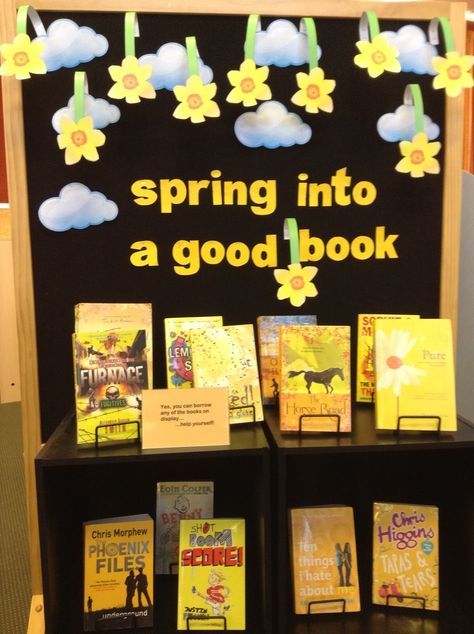 Library Book Display Themes | Library Displays Book Corner Display, Spring Library, School Library Bulletin Boards, Reading Display, Classroom Boards, School Library Displays, Middle School Libraries, Spring Bulletin, Library Themes