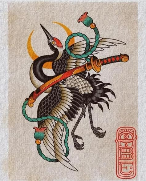 Japanese Demon Tattoo, Traditional Japanese Tattoo Flash, Heron Tattoo, Traditional Japanese Tattoo Designs, Backpiece Tattoo, Crane Tattoo, Traditional Tattoo Inspiration, Japan Tattoo Design, Tattoo Inspiration Men