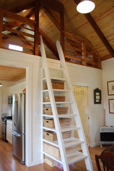 kanga 480sqft cottage 05 400x600   480 Sq. Ft. Kanga Cottage Cabin with Screened Porch...smart ladder. Scale Loft, Loft Stairs, Loft Ladder, Tiny Cottage, Sleeping Loft, Cottage Cabin, Attic Rooms, Tiny Spaces, House Stairs