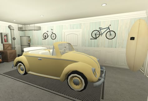 Garage Ideas In Bloxburg, Bloxburg Summer Living Room, Coastal Garage Bloxburg, Coastal Pantry Bloxburg, Bloxburg Coastal Backyard, Bloxburg Jeep Color Ideas, Coastal Entryway Ideas Bloxburg, Bloxburg Coastal Entrance, Garage Inspo Bloxburg