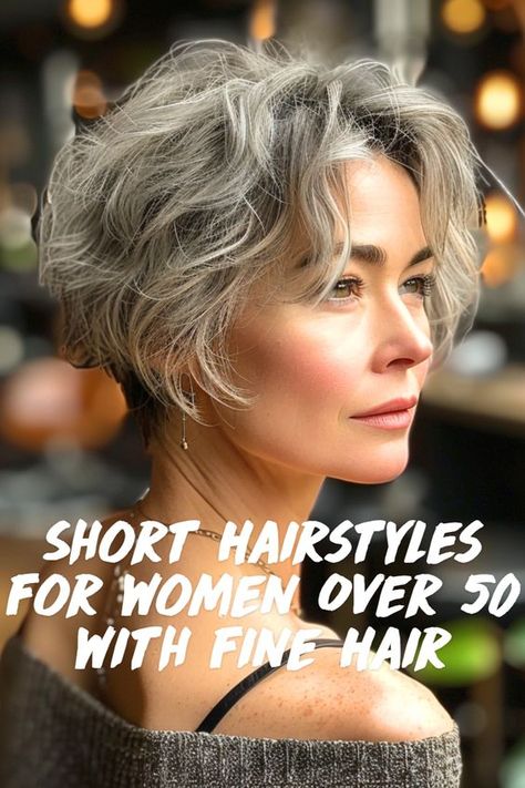 The Wavy Pixie with Long Layers hairstyle is incredibly versatile for hair! This short hairstyle enhances volume and texture which gives the illusion of styled hair. Save this for your next short hairstyle inspiration for women over 50 with fine hair! Fine Grey Hair Styles, Short Hair For Fine Hair Over 50, Short Wavy Layered Bob, Short Hairstyles For Women Over 50 With Fine Wavy Hair, Short Curly Fine Hair Over 50, Short Pixie Bobs For Fine Hair, Soft Wavy Hairstyles, Short Layered Hairstyles For Fine Hair, Short Fine Wavy Hairstyles