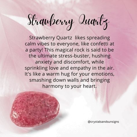 Strawberry quartz has a gentle, soothing energy that promotes love, positivity, and inner peace. It is said to help balance emotions, enhance intuition, and attract love and abundance into your life. 🍓💖 This beautiful crystal is perfect for anyone looking to heal their heart and connect with their emotions. #StrawberryQuartz #HealingProperties #LoveAndAbundance #reddeerwellness #reddeergemstoneshop #gemstoneshop #albertagemstoneshop Pink Jade Meaning, Strawberry Quartz Crystal Meaning, Strawberry Quartz Meaning, Mindful Crafts, Crystal Grimoire, Crystal Magick, Strawberry Crystal, Bright Crystal, Green Strawberry