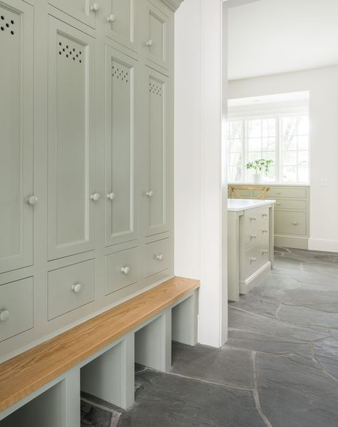 American Home Design, Mudroom Cabinets, Inset Cabinetry, Classic White Kitchen, Mudroom Ideas, Green Kitchen Cabinets, Cabinet Paint Colors, Mudroom Design, Farrow And Ball Paint