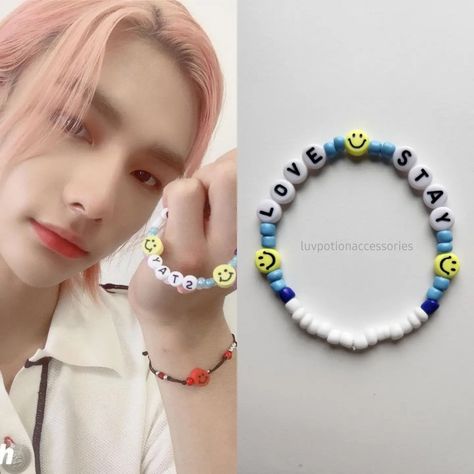 #skz #hyunjin #lovestay #beadedjewelry #smallbusiness #handmadejewelry Hyunjin Stay Bracelet, Skz Clay Bead Bracelet, Skz Inspired Bracelet, Hyunjin Accessories, K Pop Bracelet Ideas, Skz Bracelet Ideas, Hyunjin Bracelet, Skz Bracelets, Skz Bracelet