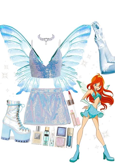 #halloween. Discover outfit ideas for party made with the shoplook outfit maker. How to wear ideas for ! and Iridescent Blue/Silver/Purple Eyeshadow Fantasias Halloween Aesthetic, Winx Club Stella Outfit, Musa Winx Club Outfit, Winx Club Aesthetic Outfits, Musa Costume, Winx Club Costumes, Winx Fairy Costume, Stella Costume, Winx Halloween