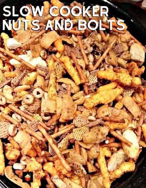 Slow Cooker Nuts and Bolts Beer Nuts Bar Mix Recipe, Recipe For Nuts And Bolts, Nuts And Bolts Recipe, Crockpot Potluck, Honey Glazed Walnuts, Chex Mix Recipes, Roasted Pecans, Snack Mix Recipes, Food Appetizers