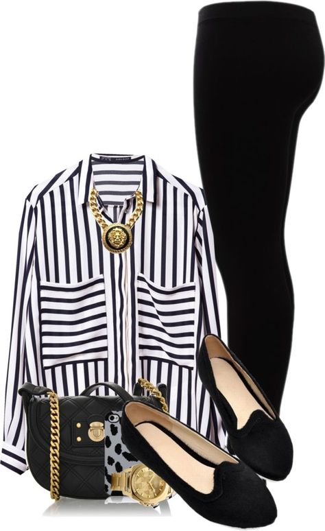 "Untitled #434" by missglamfashionz ❤ liked on Polyvore Polka Dot Tshirt Outfits, Black And White Striped Dress Outfit Fall, Black And White Outfits With Color Pop, Black And White Sneakers Outfit, Cute Office Outfits, School Wear, Neue Outfits, Outfits 2017, Comfy Chic