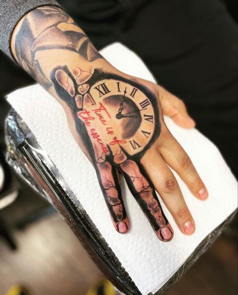 Clock Hand Tattoos For Women, Light Skin Tattoo, Thug Tattoos For Women Hand, Memorial Hand Tattoos, Hand And Arm Tattoos For Women, Clock Hand Tattoo, Hand Tats Men, Boys Hand Tattoo, Hand Tattoo Images