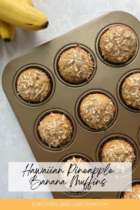 Pineapple Coconut Muffins, Banana Coconut Muffins, Pineapple Muffins, Oat Bran Muffins, Hawaiian Banana Bread, Mini Banana Muffins, Ripe Banana Recipe, Yogurt Muffins, Pineapple And Coconut