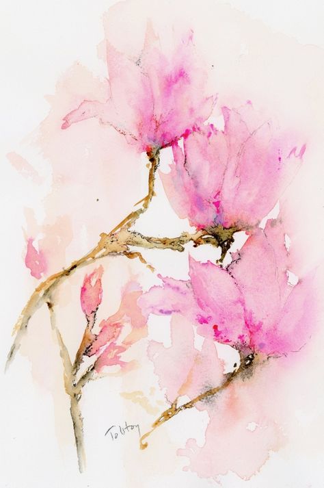 "Magnolia Blossoms" (Original art by atolstoyart.com) Loose Watercolour, Whimsical Art Paintings, Pink Abstract Painting, Watercolor Flowers Tutorial, Magnolia Blossom, Loose Watercolor, Watercolor Painting Techniques, Impressionism Painting, Watercolor Flowers Paintings