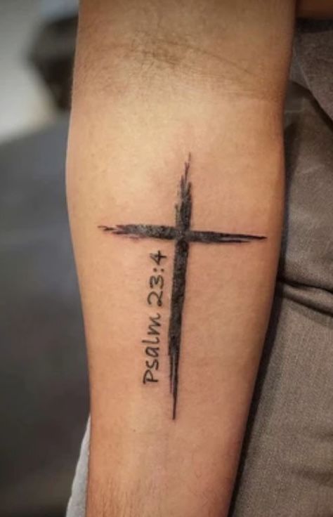 Psalm 144:1 Tattoo, Yaweh Tattoos Hebrew, Simplistic Christian Tattoos, Small Men’s Tattoo Forearm, Christian Forearm Tattoo For Men, Psalms 23:4 Tattoos, Small Cross Tattoo For Men, Small Tattoos Christian, Forearm Cross Tattoo