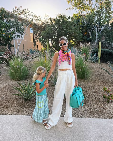 Julia Berolzheimer Daily Look featuring Julia wearing Hermes scarf, Wardrobe NYC tank, LouLou Studio pants, Chanel tote, Dior sandals, Prada Sunglasses, Molo top and Bobo Choses pants on C. Julia Berolzheimer Outfits, Hermes Scarf Outfit, Etro Dress, Wardrobe Nyc, Florida Fashion, Julia Berolzheimer, Studio Pants, Loulou Studio, Harbour Island