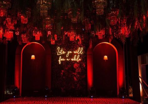 Sangeet Party Decor, Bollywood Sangeet Decor, Sangeet Wedding Decor, Sangeet Theme Decor, Red Sangeet Decor, Bollywood Theme Sangeet Decor, Bar Entrance Design, Indoor Sangeet Decor, Bollywood Night Decor