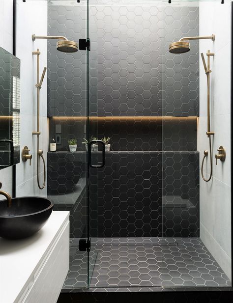 Gray hexagon tiles 3” for walls, black 3” for shower floor, black 6” for main floor #bathroom ideas Drømme Bad, Bathroom Shower Tile, Small Bathrooms, Trendy Bathroom, Bath Room, Grey Bathrooms, Shower Remodel, Tile Ideas, Glass Shower