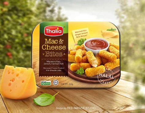 Bites Packaging, Mac Cheese Bites, Dairy Products Packaging Design, Product Package Design, Sausages Packaging, Frozen Food Packaging, Biscuits Packaging, Cheese Packaging, Mac And Cheese Bites