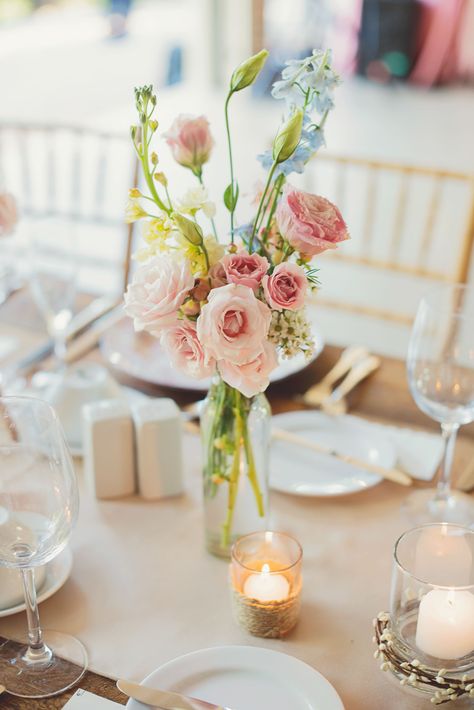 Pink Floral Centerpiece in Bud Vase Diy Long Flower Arrangements, Small Wedding Flower Centerpieces, Petunia Centerpiece, Wedding Centerpeices, Bud Vases Wedding, Bud Vases Arrangements, Small Arrangements, Bud Vase Centerpiece, Bud Vases Flowers