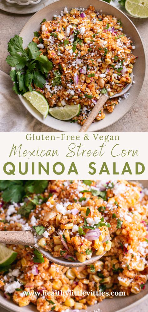 This Dairy-Free Mexican Street Corn Quinoa Salad is a fun spin on Mexican Street Corn! With a boost of complete protein from the quinoa and the delicious dairy-free smoked paprika dressing, this is sure to be on your summer picnic side dish rotation! Mexican Street Corn Quinoa Salad, Gluten And Dairy Free Lunch Meal Prep, Dinner Ideas With Quinoa, Vegan Party Side Dishes, Quinoa And Corn Salad, Quinoa Meals Vegetarian, Quinoa Meal Recipes, Healthy Quinoa Side Dish, Delicious Quinoa Salad