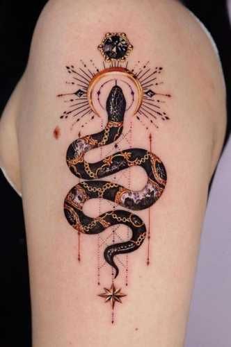 Purple Snake Tattoo, Ornamental Snake Tattoo, Snake Woman Tattoo, Traditional Snake Tattoos, Snake Tattoo Color, Ornamental Snake, Black Snake Tattoo, Purple Tattoo, Snake Ornament