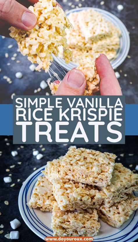 These simple, sticky, and delicious vanilla Rice Krispie treats will delight nearly everyone with just the right amount of sweet and crunch. Easy to make in 15 minutes or less - though you will have to wait for them to cool off. Then cut them out and eat them or decorate them and make your own personal marshmallow treat. #ricekrispies #dessert #marshmallow Rice Krispie Treats With Vanilla Extract, Marshmallow Krispie Treats, Easy Rice Krispie Treats, Dessert Marshmallow, Easy Pumpkin Muffins, Rice Krispie Treats Recipe, Gluten Free Marshmallows, Pumpkin Muffins Easy, Krispie Treats Recipe