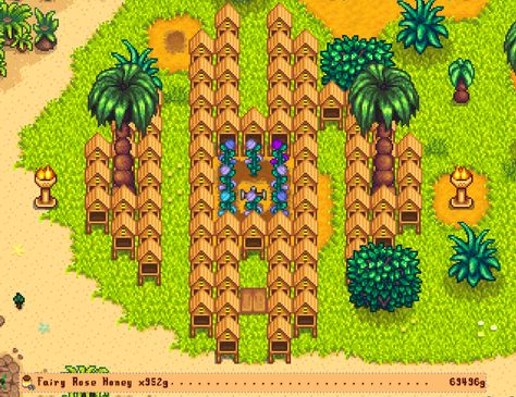 Fairy Rose Honey Stardew, Honey Layout Stardew, Stardew Honey Farm, Stardew Valley Honey Farm, Stardew Ginger Island Farm, Stardew Valley Honey Layout, Stardew Valley Honey, Ginger Island Farm Layout, Stardew Valley Ginger Island Farm