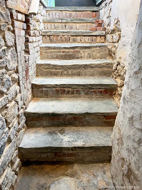 Install stone steps down to a basement and they will last forever. Ours are even starting to show foot traffic wear.  #stonesteps #staircase #foottrafficwear #basementideas #stairwayideas #stairs Entrance Makeover, Stone Staircase, Basement Entrance, Stone Steps, Stone Stairs, Basement House, Painted Stairs, Rustic Stone, Wooden Stairs