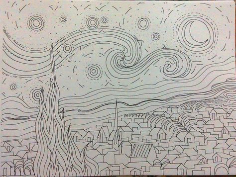 My recreation of Van Gogh's 'The Starry Night' Starry Night Recreation, Starry Night Pencil Drawing, Starry Night Sketch, Night Sky Drawing, Starry Night Wallpaper, Gogh The Starry Night, Art App, Starry Lights, Art Apps