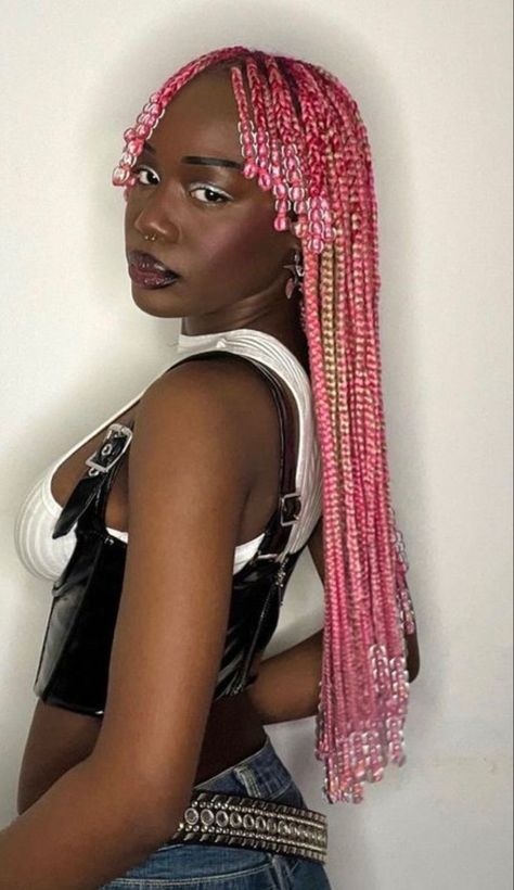 Pink Layered Braids, Blonde Braids Pink Beads, Box Braids With Bangs And Beads, Beaded Braids With Bangs, Layered Knotless Braids With Beads, Colorful Box Braids With Beads, Pink Braids Aesthetic, Yarn Braids With Beads, Layered Box Braids With Beads