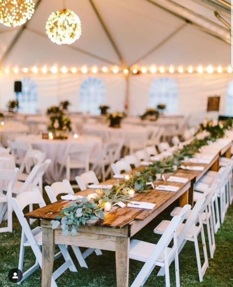 White Harvest Table Wedding, Wood Table White Chairs Wedding, Wedding Reception Tables No Plates, Wedding Table And Chair Ideas, White Folding Chairs Wedding Reception, Farm Table Wedding Reception, White Folding Chairs Wedding, Folding Chairs Wedding, White Chairs Wedding