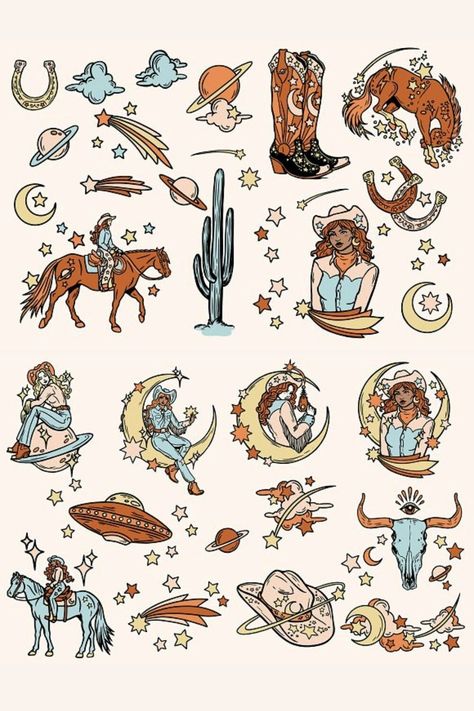 Cosmic Cowgirl Illustrations for Bold and Fun Designs | Creative Tattoos by  Bella Lambert Cosmic Cowgirl Tattoo, Cosmic Cowgirl Aesthetic, Aesthetic Cricut Projects, Retro Cowgirl Aesthetic, Bella Lambert, Cowgirl Drawing, Cowgirl Illustration, Western Illustration, Pixie Tattoo