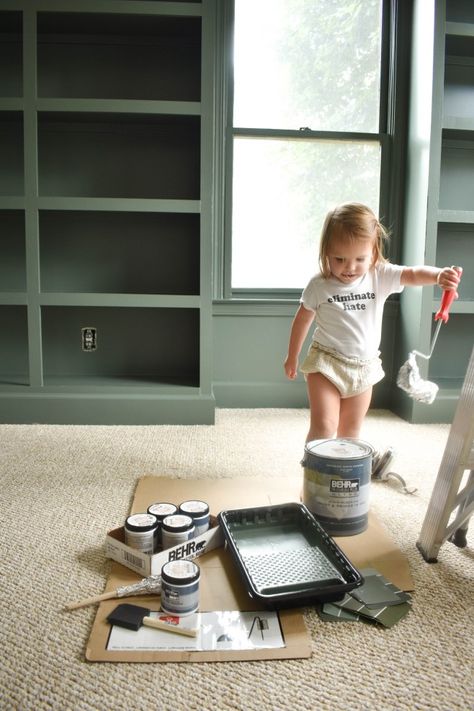 Behr Pinecone Hill Green, Behr Green Accent Wall, Dark Green Office Built Ins, Dark Green Office Paint Colors, Green Painted Bookshelves, Basement Accent Wall Color, Green Office Colors, Pinecone Hill Behr Paint, Pinecone Hill Behr