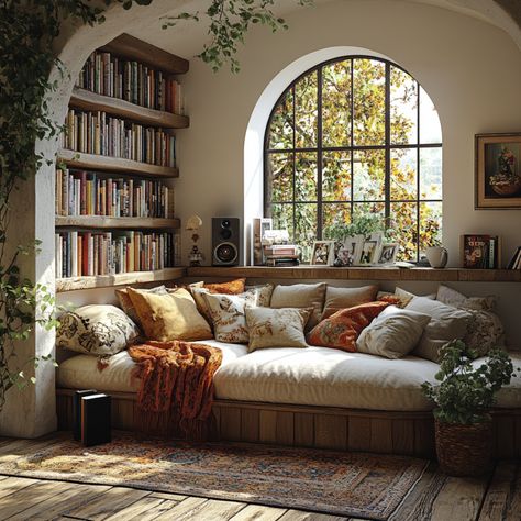 How to Create the Perfect Reading Nook - Living Room With Nook Spaces, Large Reading Nook, Reading Nook Guest Bed, Loft Reading Nook Cozy Corner, Reading Nook In Playroom, Reading Nook Room Ideas, Home Book Nook Ideas, Cozy Loft Space, Cozy Book Nooks