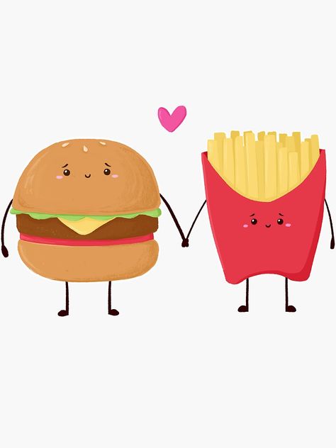 "Burger and Fries Love " Sticker by jennisney | Redbubble Fries Painting, Burger Cute Drawing, Kawaii Burger Drawing, Cute Hamburger, Hamburger Drawing, Burger And Fries Drawing, Burger Drawing, Funny Burger, Cute Hijab Cartoon Wallpaper