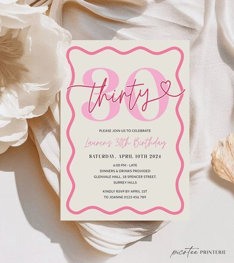 Pink Wavy Border 30th Birthday Invitation Women, Modern Scalloped 30th Party Invite for Her Printable, Editable Thirty Digital, Corjl PP84 - Etsy 30th And 1st Birthday, Pink Party Invites, 30th Bday Party Themes, 30th Invitation Ideas, 30 Theme Party Ideas Women, 30th Birthday Decor For Women, Bday Invitation Cards, 30th Birthday Invitations For Women, 30th Birthday Party Themes For Women