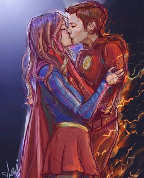 Barry Kissing Kara Supergirl Drawing, Art Adventure Time, Superhero Shows, The Flash Grant Gustin, Superhero Toys, Univers Dc, Supergirl And Flash, Grant Gustin, Melissa Benoist