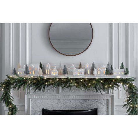 Faux Christmas Mantle, Christmas Decor Ideas Silver And White, Minimal Christmas Mantel Decor, White And Grey Christmas Decor, Modern Christmas Tree Decorations, Ceramic House Decor, White Christmas Houses, Little White Houses Christmas Decor, Christmas Decor Ideas Fireplace