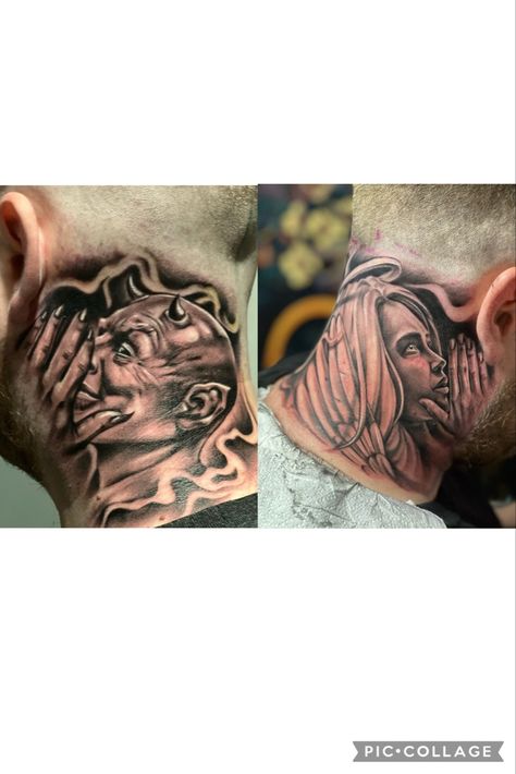 Angel And Demon Ear Tattoo, Angel In Ear Tattoo, Angle Whispering In Ear Tattoo, Owl Side Neck Tattoo, Angel And Demon Neck Tattoo, Demon Neck Tattoo Men, Half Angel Half Demon Tattoo For Men, Angel Talking In Ear Tattoo, Mexican Neck Tattoo