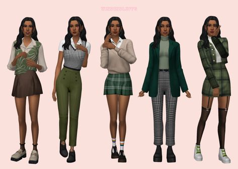 Green Academia 🦎🧪 Ts4 Lookbook Maxis Match, Sims 4 Cc Green Clothes, Sims 4 Base Game Outfits Ideas, Green Academia, Fishnet Socks, Dark Academia Clothes, Academia Clothes, Academia Outfits, University Outfit