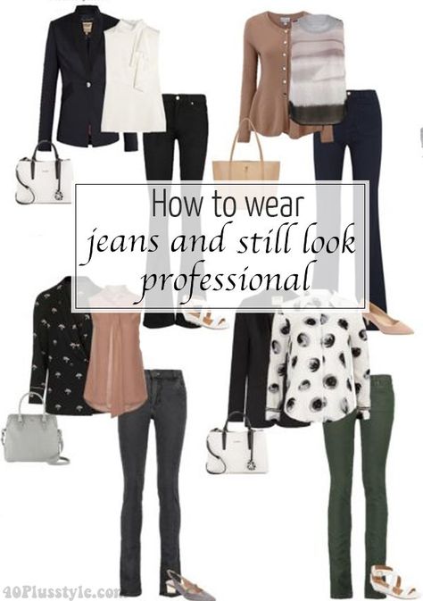 How to wear jeans to work and still look professional | 40plusstyle.com How To Wear Jeans To Work, Sonus Festival, Business Casual Jeans, How To Wear Jeans, Jeans Outfit For Work, 40 Fashion Women, Look Office, Casual Office Wear, Dress Up Jeans