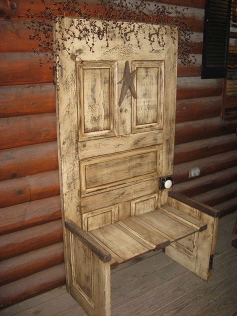 Old door made into a chair Old Door Projects, Door Bench, Doors Repurposed, Primitive Crafts, Old Door, Old Doors, Vintage Door, Old Furniture, Barnwood