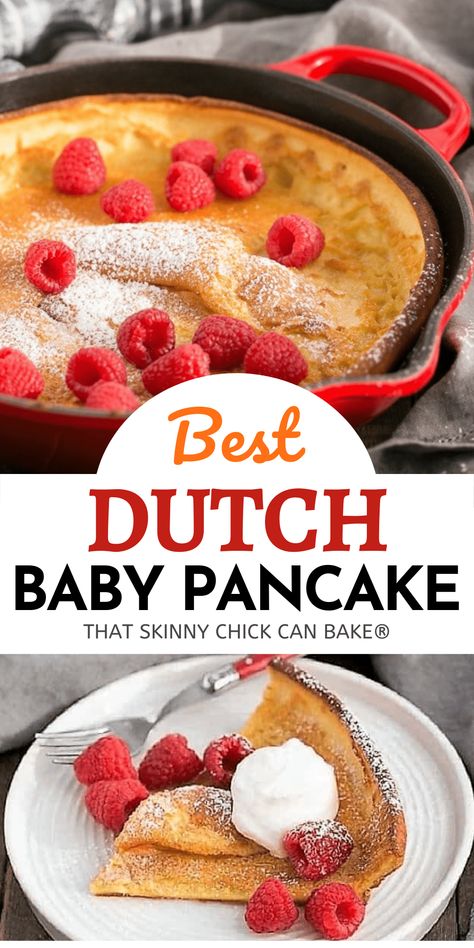 Best Dutch Baby Pancake - A puffed breakfast dish topped with berries, whipped cream, and powdered sugar! #breakfast #brunch #pancake #puffedpancake #ovenpancake #MothersDay #dutchbaby #Easter #thatskinnychickcanbake Easy Dutch Baby Recipe, Eggnog Dutch Baby, Granny Suite, Dutch Baby Pancakes, Dutch Baby Pancake Recipe, German Pancakes Recipe, Dutch Baby Recipe, Dutch Pancakes, Beautiful Recipes