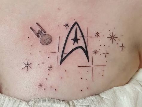 Enterprise Tattoo, Voyager Tattoo, Star Trek Tattoo, Star Trek Art, Stick N Poke Tattoo, Poke Tattoo, Dot Work Tattoo, Uss Enterprise, Aesthetic Tattoo