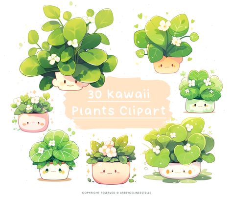 Plants Cute Drawing, Cute Plants Drawing, Cute Plant Illustration, Illustration Art Plants, Kawaii Flower Illustration, Cute Plant Doodles, Kawaii Garden Drawing, Potted Plant Doodles, Plant Kawaii