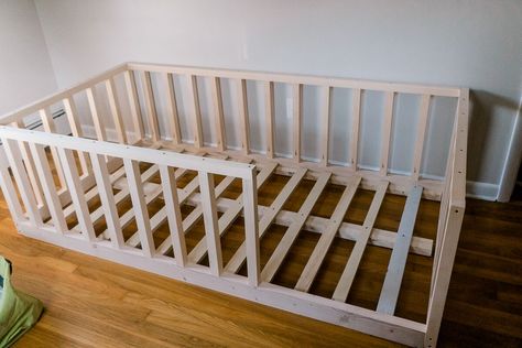 DIY twin floor bed with rails that your toddler will love - If Only April Twin Bed Rails, Build Floor Bed, Floor Crib Diy, Floor Bed Frame Toddler, Diy Full Floor Bed, Floating Toddler Bed, Toddler Floor Bed Twin, Floor Beds For Twins, Toddler Floor Bed With Rails