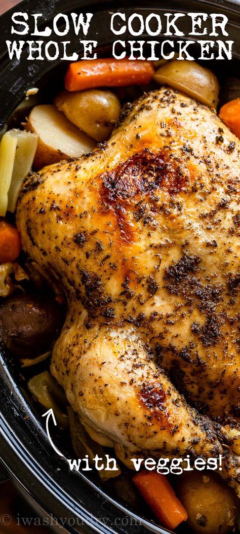 Crockpot Whole Chicken Recipes, Slow Cooker Whole Chicken, Chicken With Veggies, Whole Chicken Recipe, Cooking Whole Chicken, Whole Chicken Recipes, Chicken Teriyaki Recipe, Homemade Dinner Rolls, Chicken Slow Cooker Recipes