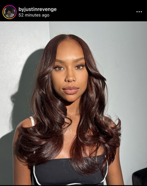 Skin Color Hair Color Chart, Cherry Chocolate Hair On Brown Skin, Chocolate Brown Hair With Red Undertones, Red Brown Hair Color Black Women, Hair Colour Inspo For Brown Skin, Chocolate Hair Black Women, Chocolate Brown Hair On Brown Skin, Auburn Hair On Brown Skin, Hair Color For Dark Skin Tone Indian