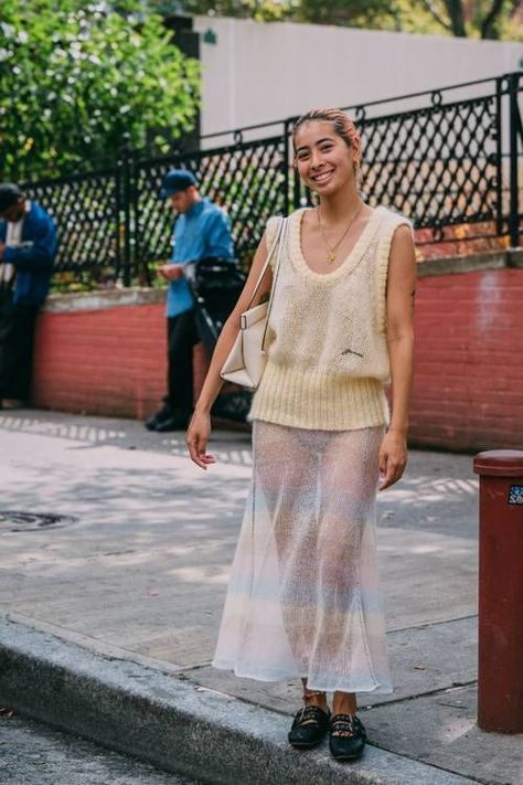 The Sheer-Skirt Trend Is Editor-Approved—16 We Love | Who What Wear UK Sheer Skirt Outfit, Lace Midi Skirt, Knit Maxi Skirt, Paneled Skirt, Skirt Trends, Sheer Skirt, Check Dress, Runway Trends, People Dress