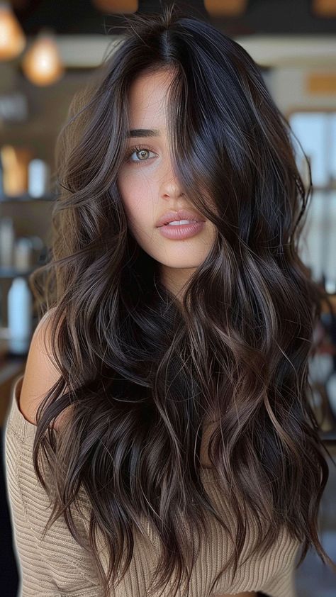 2024 Hair Color Trends | Inspiring Ideas for Brunettes - Summer Hair Ideas Dark Chocolate Brown Hair No Red, Beige Brown Balayage On Dark Hair, Black Hair Brunette Highlights, Espresso Martini Balayage, Dark Brown Glaze Hair, 2024 Brown Hair Trends, Cap Hairstyles, Dark Chocolate Brown Hair, Haircut 2023